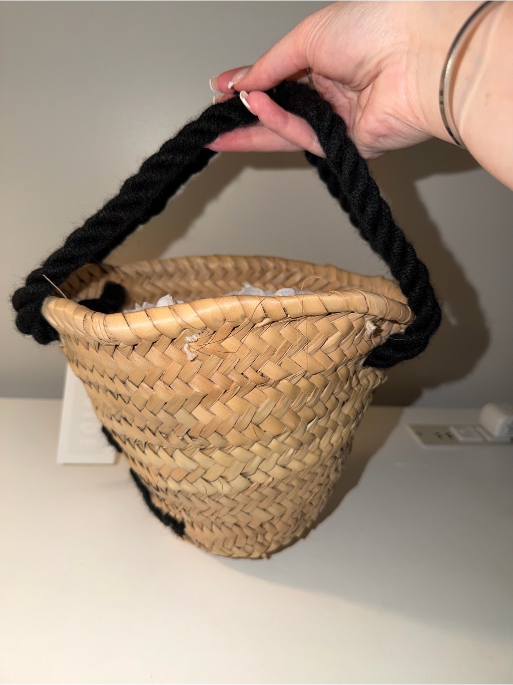 Nwt Poolside Woven Straw Bucket Bag With Black Rope Handles — image 3 of 6